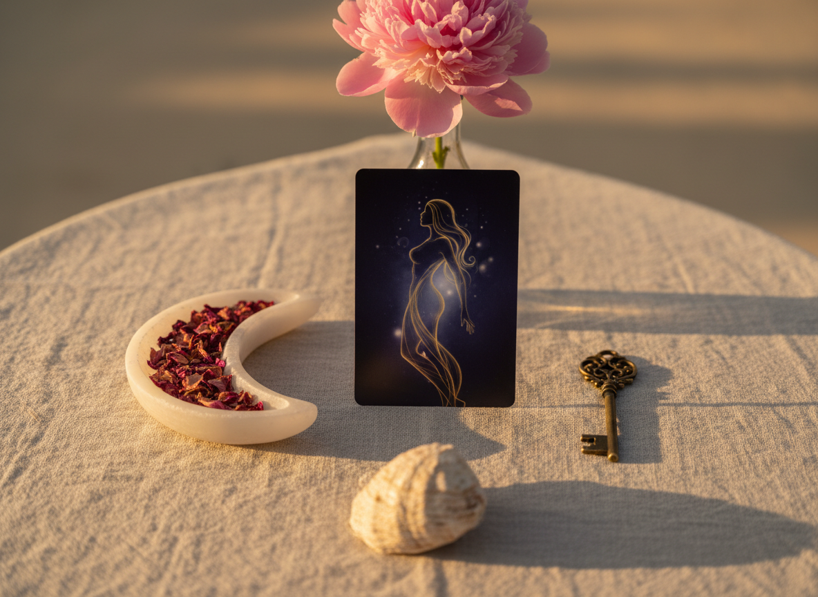 A circular arrangement of symbolic objects for feminine awakening placed on a natural linen cloth: a moon-shaped alabaster dish holding tiny rose petals, a small bronze key, a delicate seashell, and a single upright tarot card featuring a woman’s silhouette abstractly represented by flowing lines and light. A slender glass vase with one soft pink peony stands at the top of the circle, slightly out of focus. Warm, golden evening light from the side grazes the textures, creating long, graceful shadows and a sacred, intimate atmosphere. Shot at a low, close angle with selective focus on the tarot card and key, the background gently blurs into softness, emphasizing a mystical yet clean, photographic realism style.