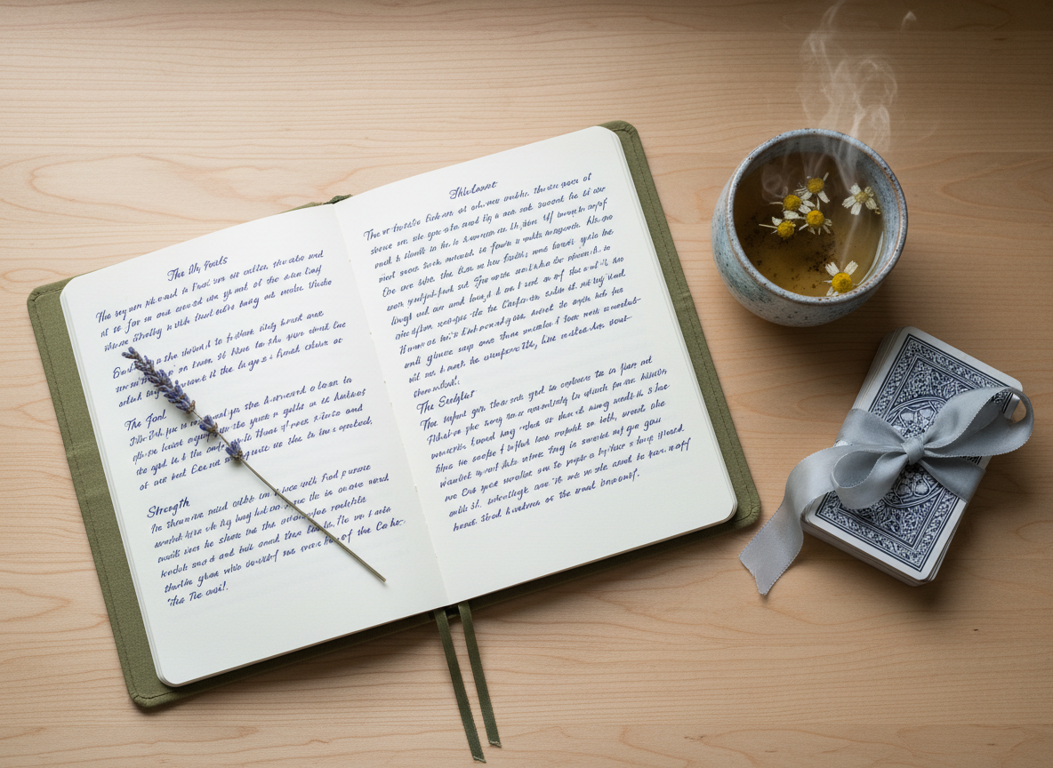 An open, cloth-bound notebook with cream pages filled with neatly written tarot reflections lies on a light maple desk, beside a small ceramic cup of herbal tea and a neatly stacked tarot deck bound with a silk ribbon. A dried lavender sprig rests across the notebook margin, adding texture and a sense of ritual. Soft, overcast window light creates even, diffused illumination, minimizing harsh shadows and enhancing the subtle grain of the wood. The atmosphere feels introspective, nurturing, and calm, perfect for self-discovery and life direction planning. Captured from a top-down, bird’s-eye view with sharp focus across the entire frame, the composition uses a gentle rule of thirds, conveying organized clarity in a realistic, minimalist photographic aesthetic.