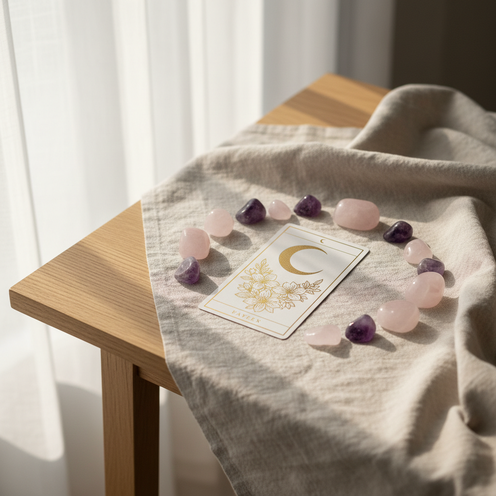 A single, elegant tarot card depicting a symbolic image of a rising moon and blooming flowers rests on a pale linen cloth, draped over a minimalist oak table. Around it lie smooth rose quartz and amethyst stones, arranged in a subtle crescent shape. Soft, diffused morning light filters through a sheer curtain, illuminating the card’s fine gold-foil details and casting delicate, hazy shadows. The mood is gentle and hopeful, evoking emotional healing and inner awakening. Photographed from a slightly elevated angle, with a centered composition and shallow depth of field, the card is in crisp focus while the stones and fabric textures melt into a soft, dreamy bokeh, in a clean, modern photographic style.