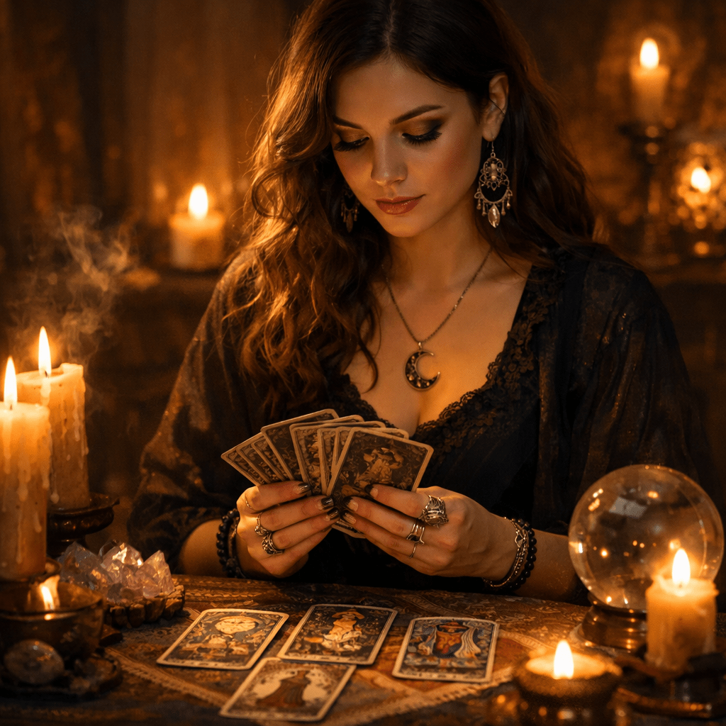 Woman holding tarot cards with candles and a crystal ball on table