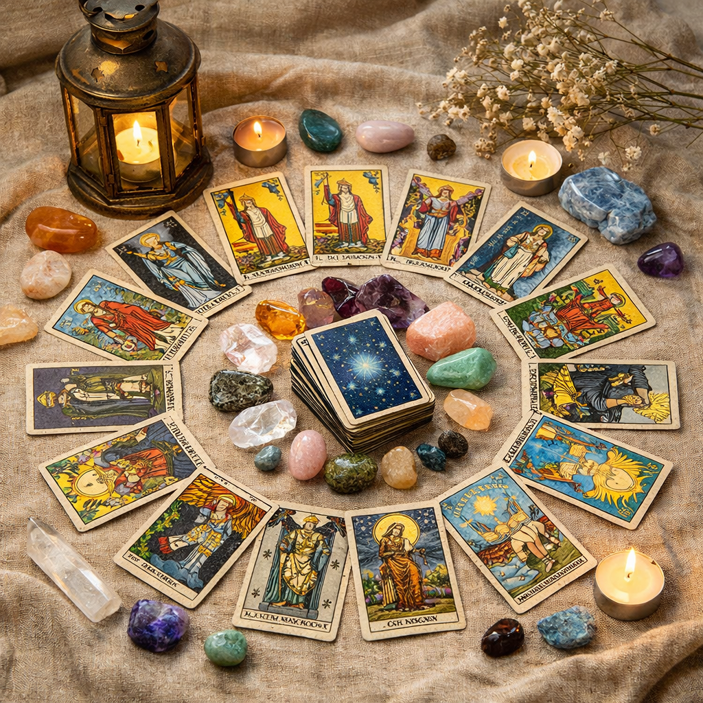 Tarot cards arranged in a circle with colorful crystals, lit candles, and a decorative lantern on a textured cloth