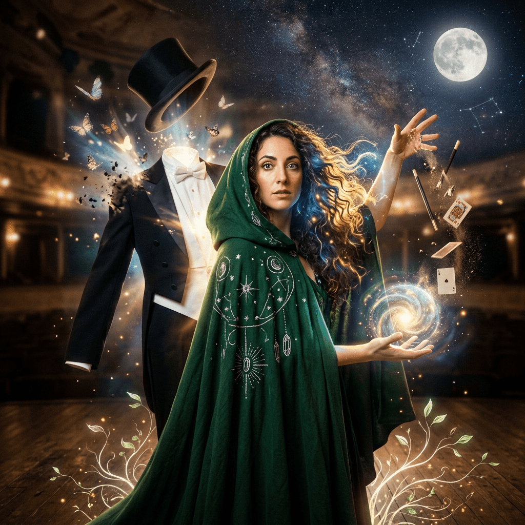 Woman in green cloak conjuring magic with glowing galaxy, playing cards, and floating butterflies beside invisible man in tuxedo and top hat